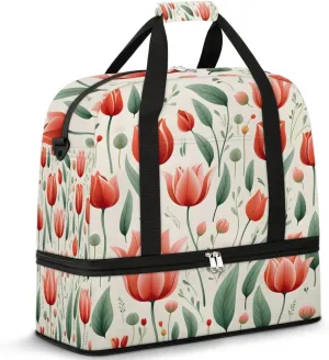 Sports Duffel Bag, Foldable Spring Summer Tulip Flower Travel Duffel Bag, Gym Yoga Beach Bag Weekender Overnight Bag with Shoes Compartment for Men Women, Red Tulip
