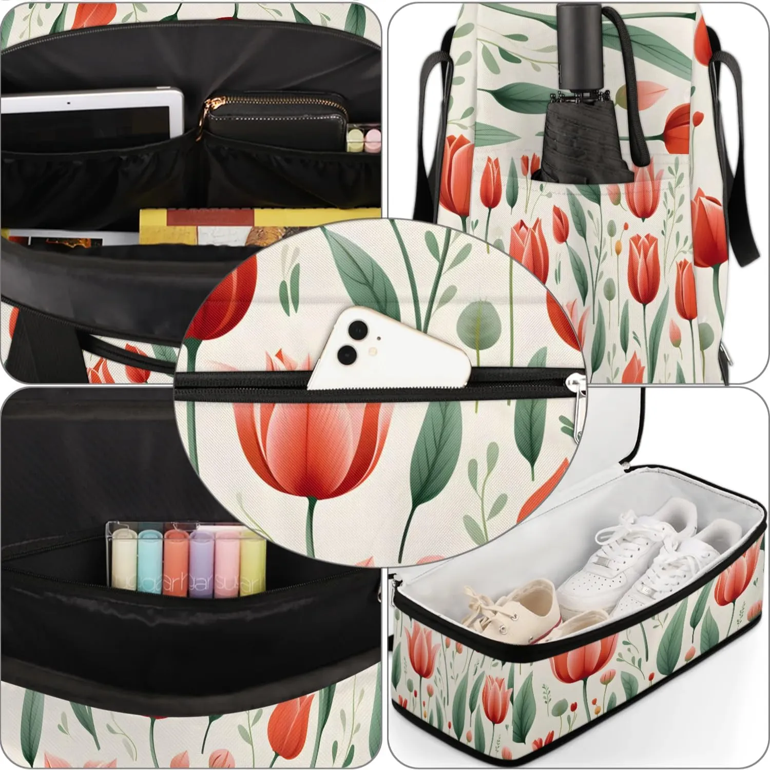 Sports Duffel Bag, Foldable Spring Summer Tulip Flower Travel Duffel Bag, Gym Yoga Beach Bag Weekender Overnight Bag with Shoes Compartment for Men Women, Red Tulip
