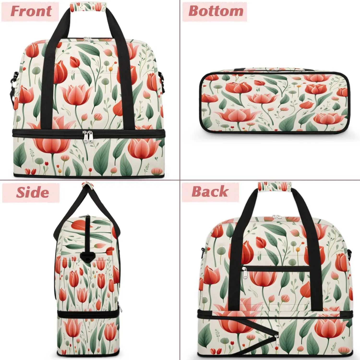 Sports Duffel Bag, Foldable Spring Summer Tulip Flower Travel Duffel Bag, Gym Yoga Beach Bag Weekender Overnight Bag with Shoes Compartment for Men Women, Red Tulip