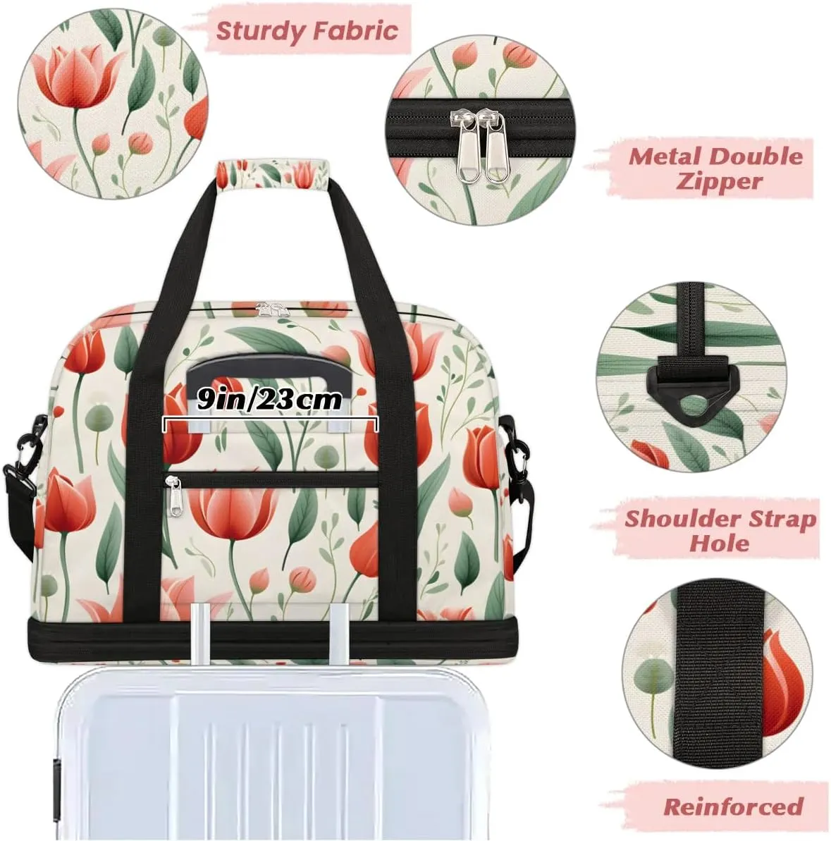 Sports Duffel Bag, Foldable Spring Summer Tulip Flower Travel Duffel Bag, Gym Yoga Beach Bag Weekender Overnight Bag with Shoes Compartment for Men Women, Red Tulip