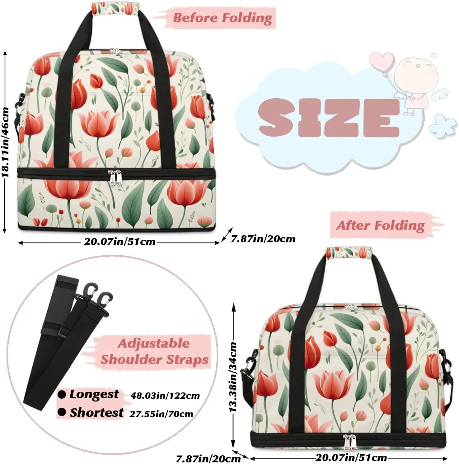 Sports Duffel Bag, Foldable Spring Summer Tulip Flower Travel Duffel Bag, Gym Yoga Beach Bag Weekender Overnight Bag with Shoes Compartment for Men Women, Red Tulip