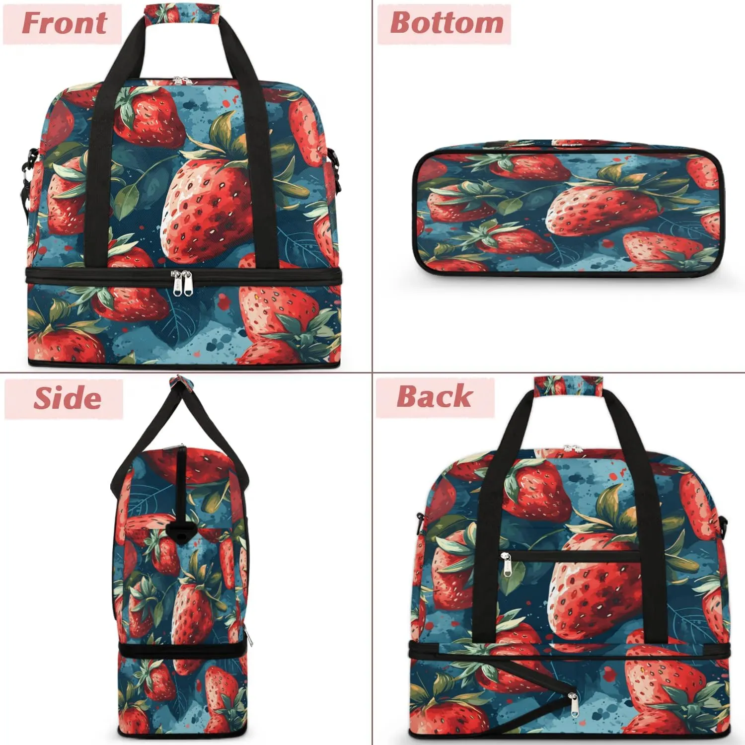 Sports Duffel Bag, Foldable Strawberry Travel Duffel Bag, Gym Yoga Beach Bag Weekender Overnight Bag with Shoes Compartment for Men Women, Funny Fruit