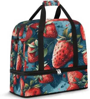 Sports Duffel Bag, Foldable Strawberry Travel Duffel Bag, Gym Yoga Beach Bag Weekender Overnight Bag with Shoes Compartment for Men Women, Funny Fruit