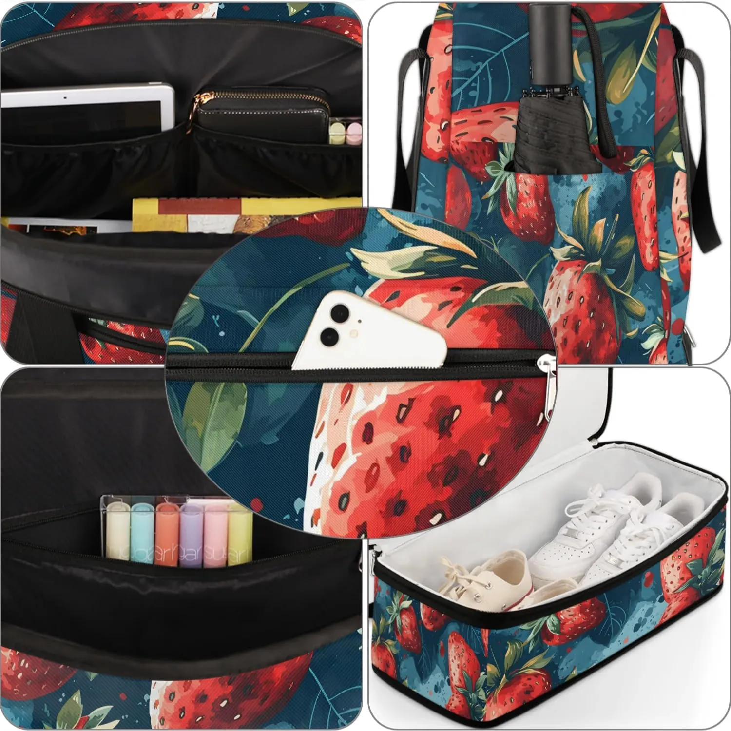 Sports Duffel Bag, Foldable Strawberry Travel Duffel Bag, Gym Yoga Beach Bag Weekender Overnight Bag with Shoes Compartment for Men Women, Funny Fruit