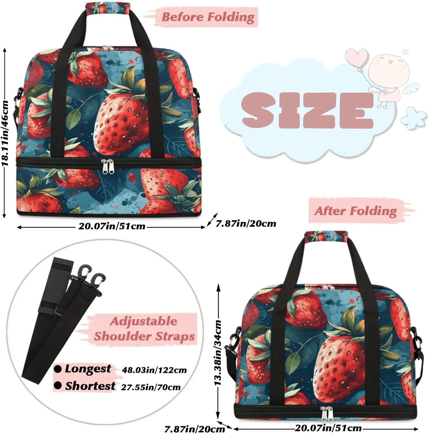Sports Duffel Bag, Foldable Strawberry Travel Duffel Bag, Gym Yoga Beach Bag Weekender Overnight Bag with Shoes Compartment for Men Women, Funny Fruit