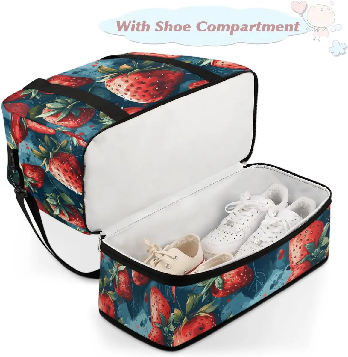 Sports Duffel Bag, Foldable Strawberry Travel Duffel Bag, Gym Yoga Beach Bag Weekender Overnight Bag with Shoes Compartment for Men Women, Funny Fruit