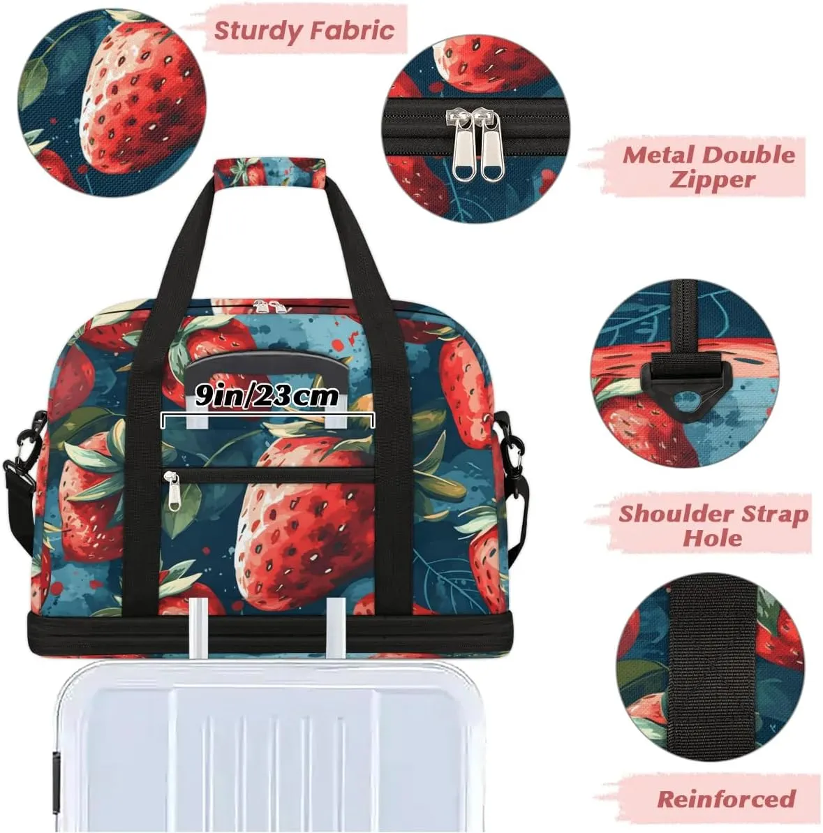 Sports Duffel Bag, Foldable Strawberry Travel Duffel Bag, Gym Yoga Beach Bag Weekender Overnight Bag with Shoes Compartment for Men Women, Funny Fruit