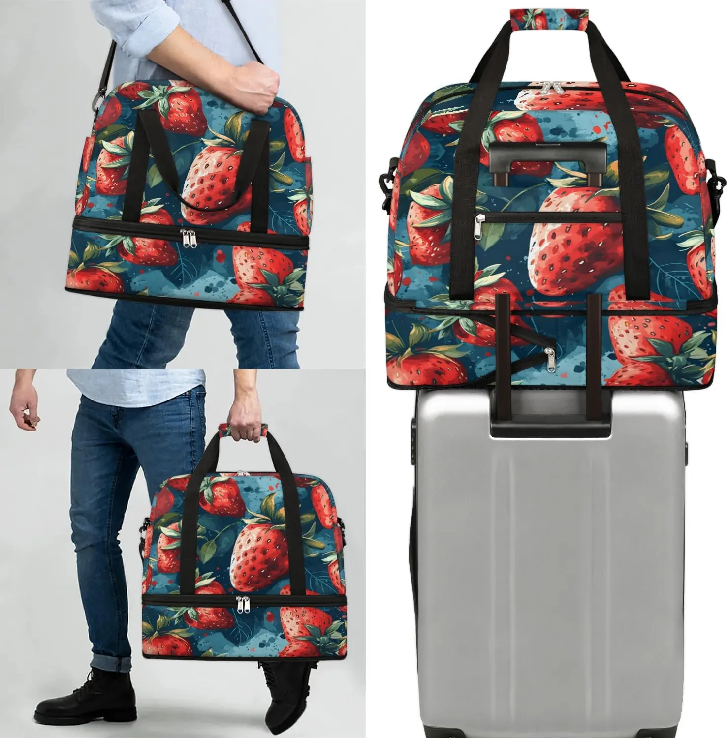 Sports Duffel Bag, Foldable Strawberry Travel Duffel Bag, Gym Yoga Beach Bag Weekender Overnight Bag with Shoes Compartment for Men Women, Funny Fruit