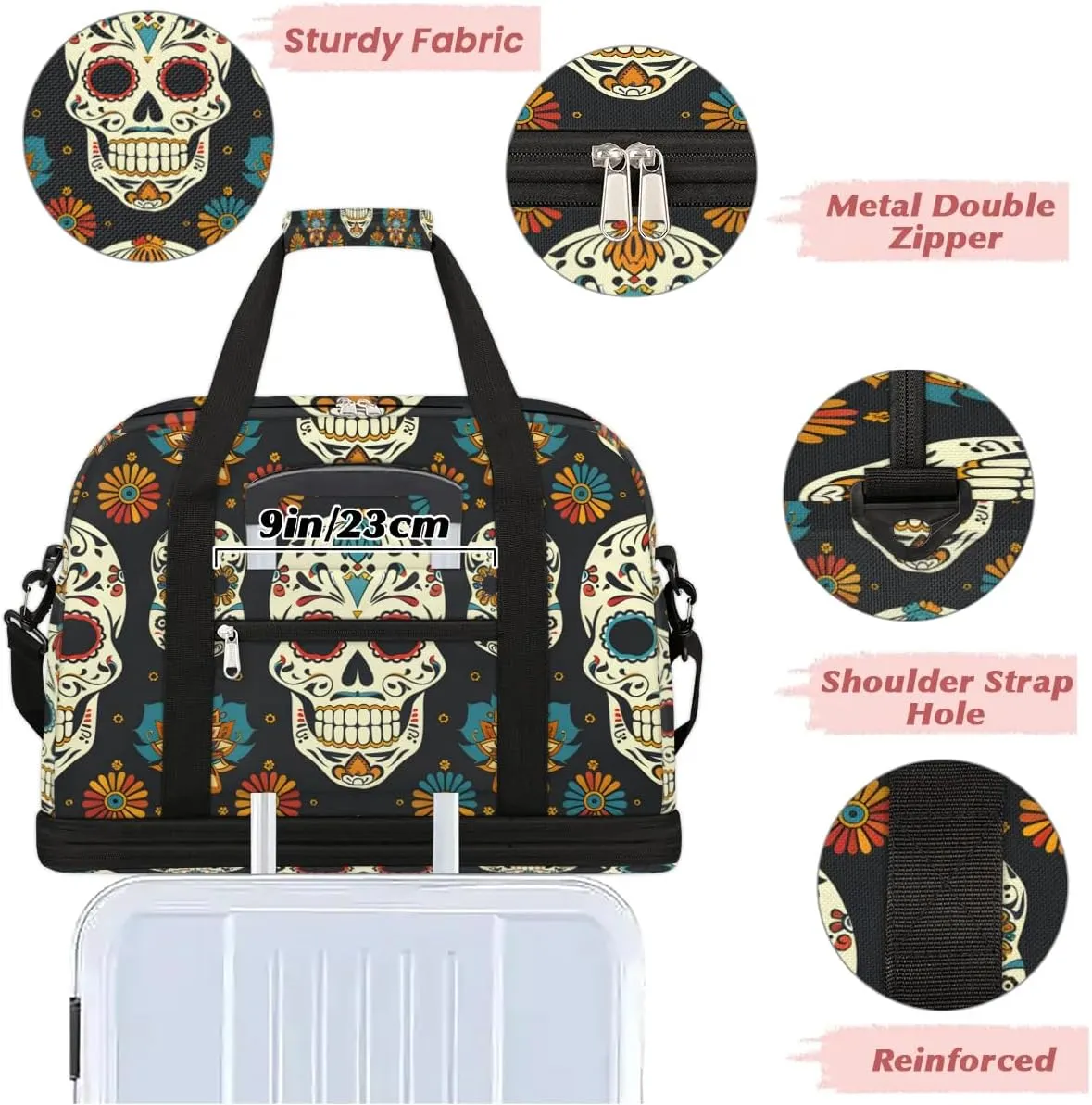 Sports Duffel Bag, Foldable Sugar Skull Travel Duffel Bag, Gym Yoga Beach Bag Weekender Overnight Bag with Shoes Compartment for Men Women, Floral Gothic Skull