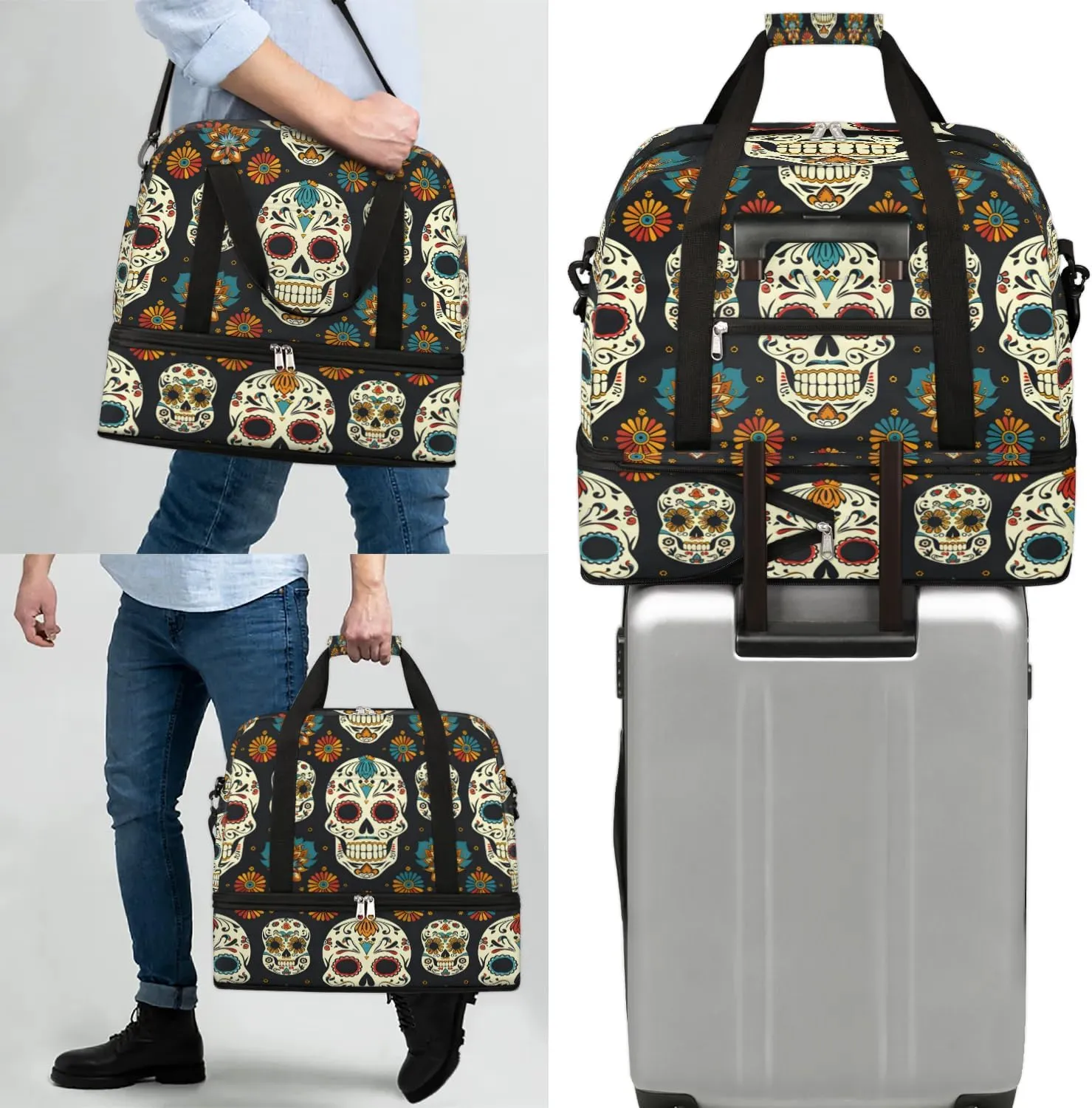 Sports Duffel Bag, Foldable Sugar Skull Travel Duffel Bag, Gym Yoga Beach Bag Weekender Overnight Bag with Shoes Compartment for Men Women, Floral Gothic Skull