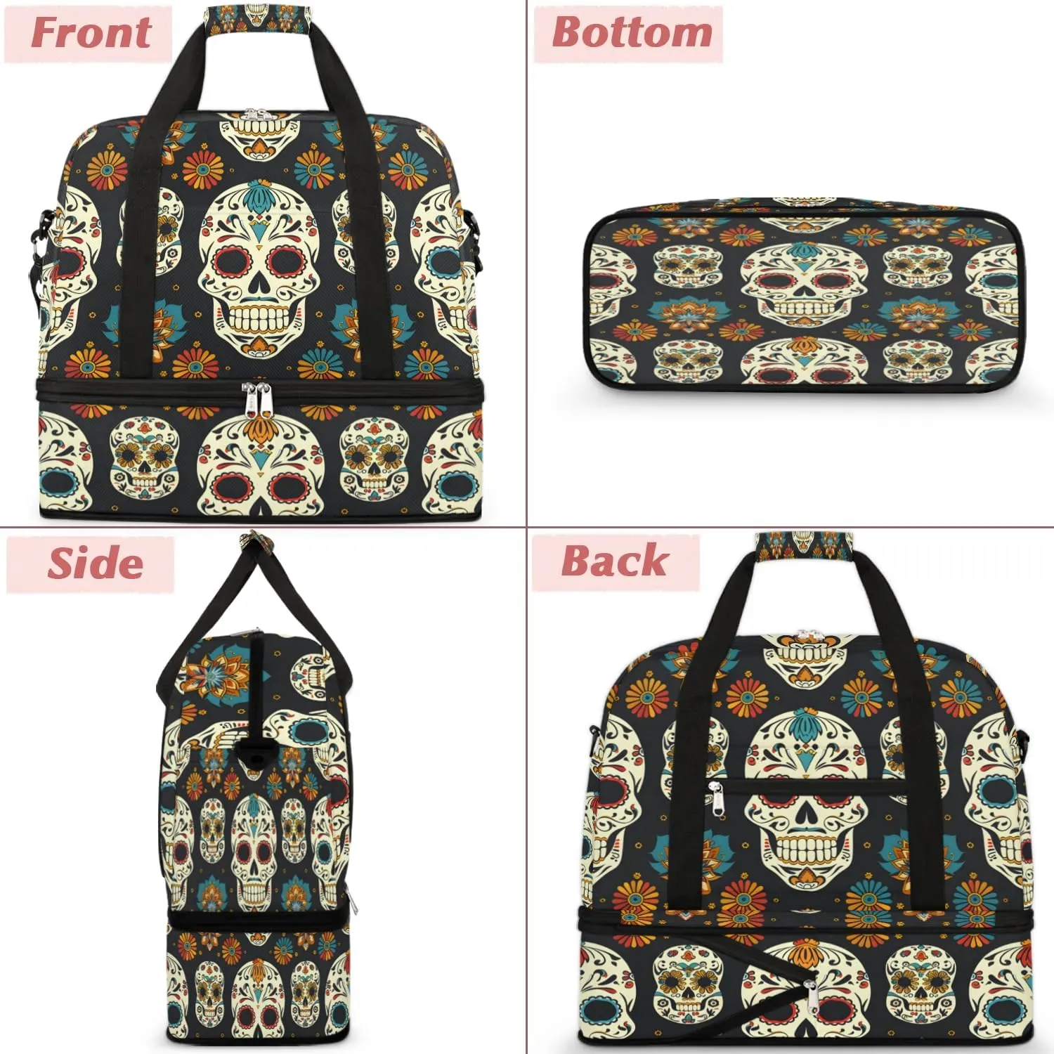 Sports Duffel Bag, Foldable Sugar Skull Travel Duffel Bag, Gym Yoga Beach Bag Weekender Overnight Bag with Shoes Compartment for Men Women, Floral Gothic Skull