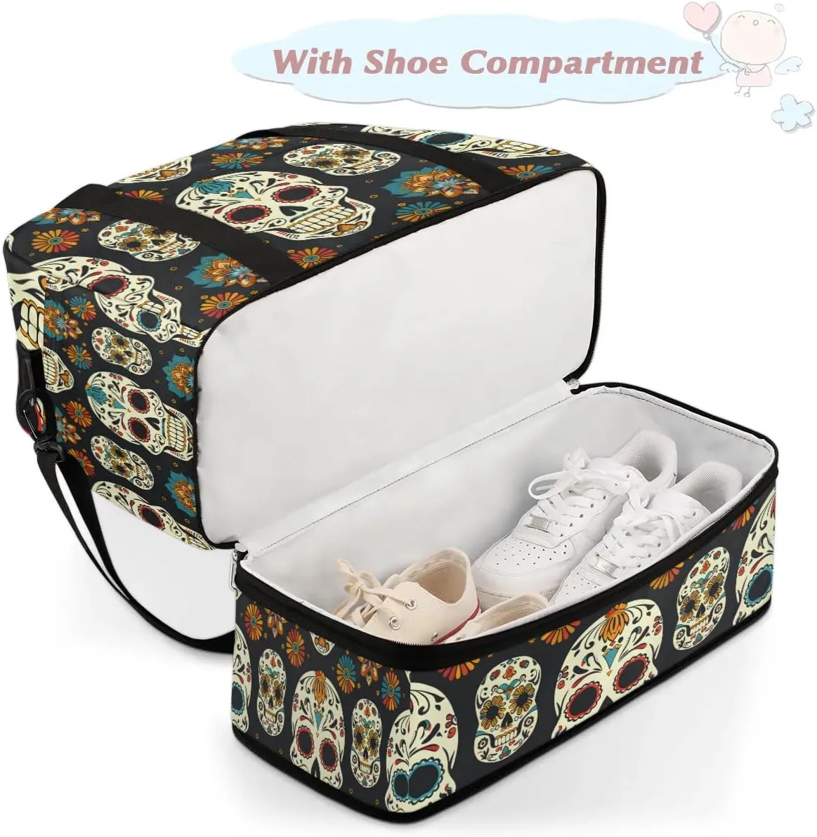 Sports Duffel Bag, Foldable Sugar Skull Travel Duffel Bag, Gym Yoga Beach Bag Weekender Overnight Bag with Shoes Compartment for Men Women, Floral Gothic Skull