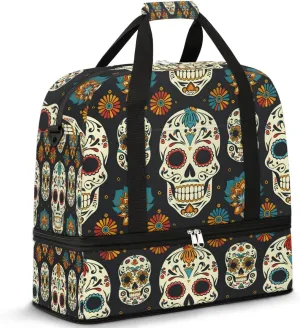 Sports Duffel Bag, Foldable Sugar Skull Travel Duffel Bag, Gym Yoga Beach Bag Weekender Overnight Bag with Shoes Compartment for Men Women, Floral Gothic Skull