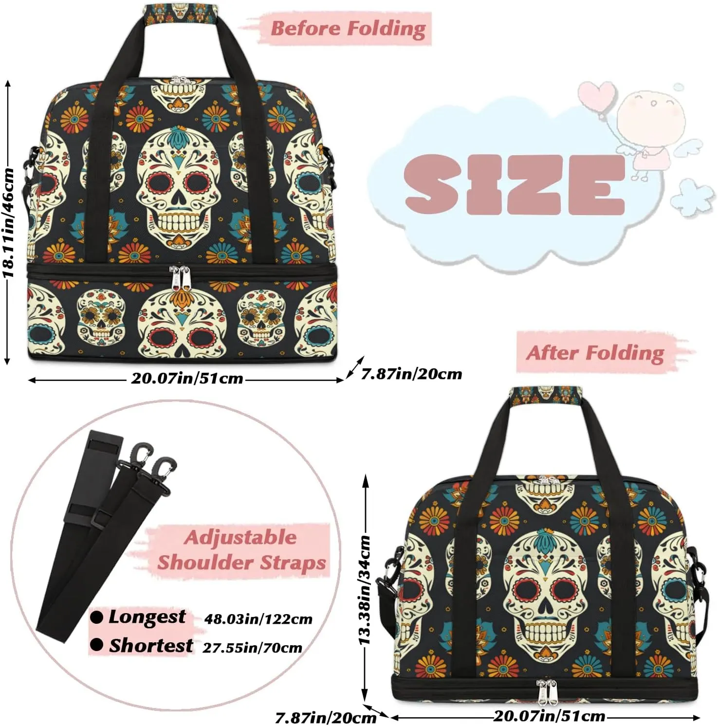 Sports Duffel Bag, Foldable Sugar Skull Travel Duffel Bag, Gym Yoga Beach Bag Weekender Overnight Bag with Shoes Compartment for Men Women, Floral Gothic Skull