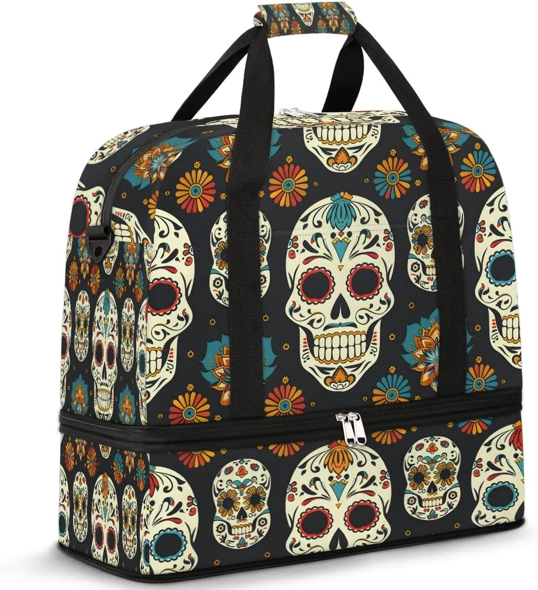 Sports Duffel Bag, Foldable Sugar Skull Travel Duffel Bag, Gym Yoga Beach Bag Weekender Overnight Bag with Shoes Compartment for Men Women, Floral Gothic Skull