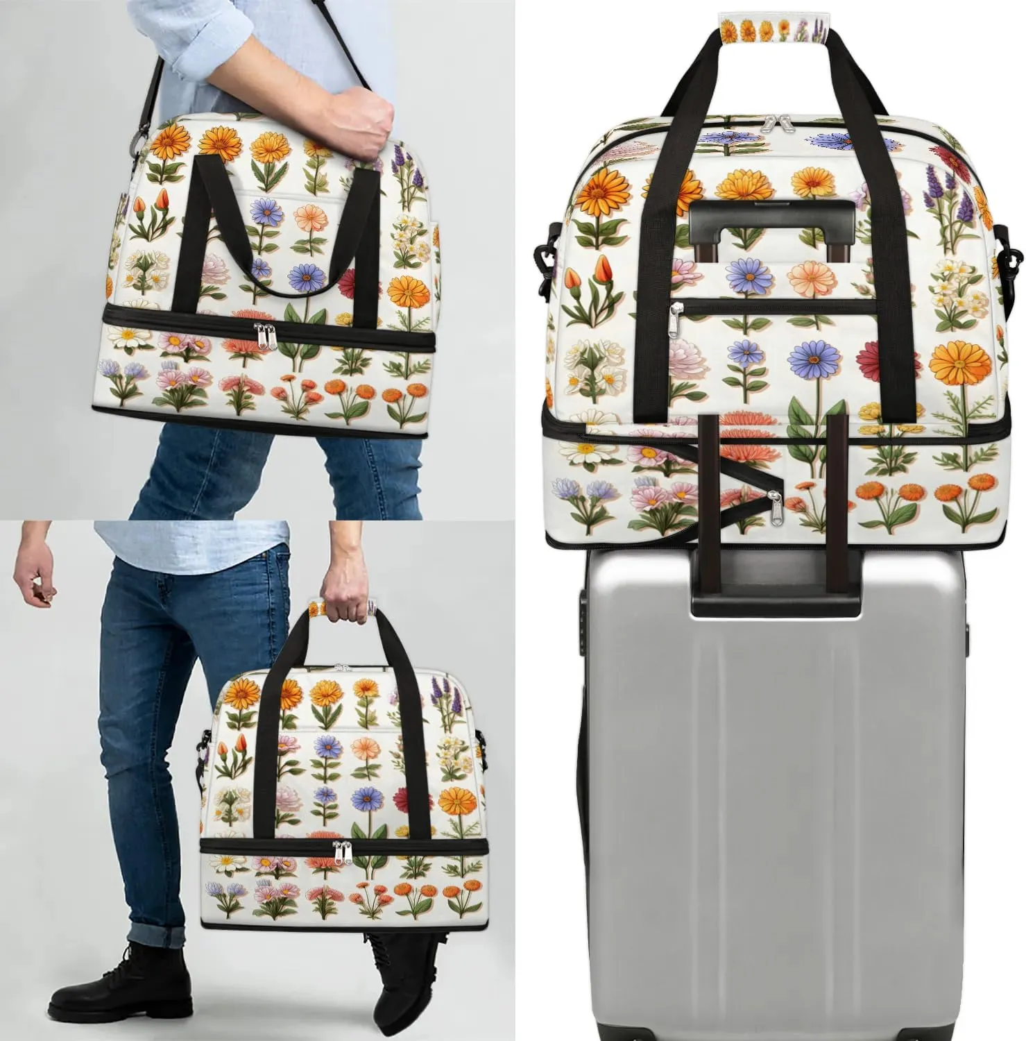 Sports Duffel Bag, Foldable Summer Colorful Flowers Travel Duffel Bag, Gym Yoga Beach Bag Weekender Overnight Bag with Shoes Compartment for Men Women, Spring Summer