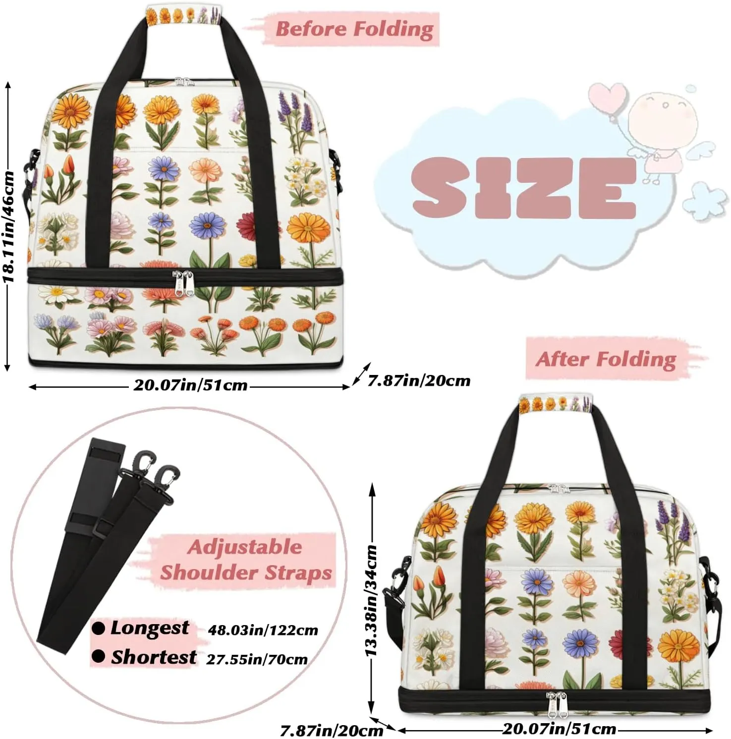 Sports Duffel Bag, Foldable Summer Colorful Flowers Travel Duffel Bag, Gym Yoga Beach Bag Weekender Overnight Bag with Shoes Compartment for Men Women, Spring Summer