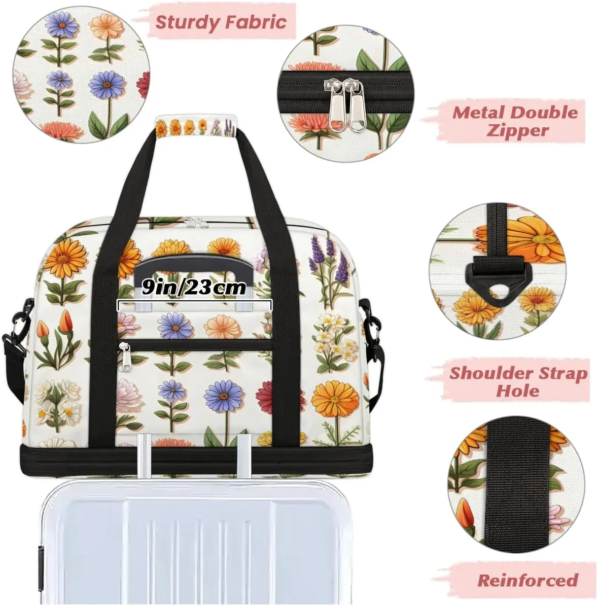 Sports Duffel Bag, Foldable Summer Colorful Flowers Travel Duffel Bag, Gym Yoga Beach Bag Weekender Overnight Bag with Shoes Compartment for Men Women, Spring Summer