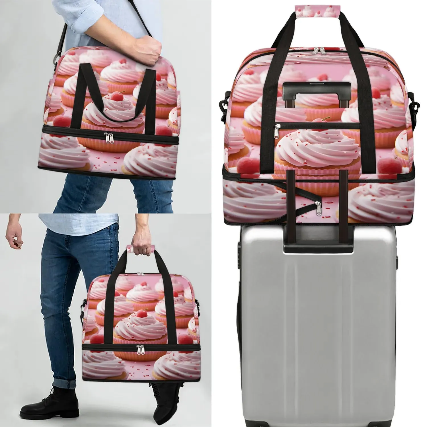 Sports Duffel Bag, Foldable Sweet Cake Travel Duffel Bag, Gym Yoga Beach Bag Weekender Overnight Bag with Shoes Compartment for Men Women, Cupcakes