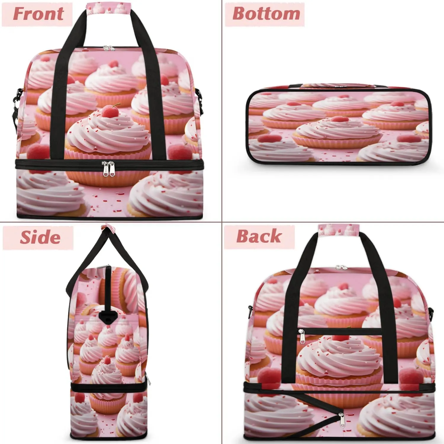 Sports Duffel Bag, Foldable Sweet Cake Travel Duffel Bag, Gym Yoga Beach Bag Weekender Overnight Bag with Shoes Compartment for Men Women, Cupcakes