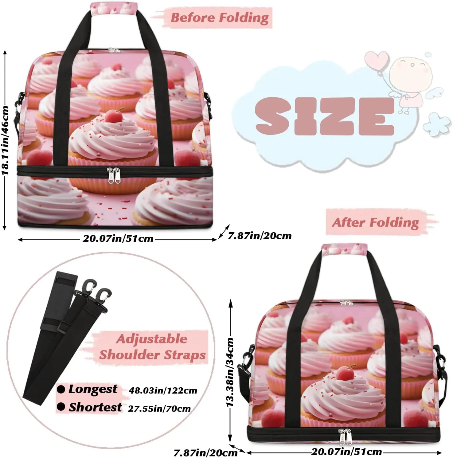 Sports Duffel Bag, Foldable Sweet Cake Travel Duffel Bag, Gym Yoga Beach Bag Weekender Overnight Bag with Shoes Compartment for Men Women, Cupcakes