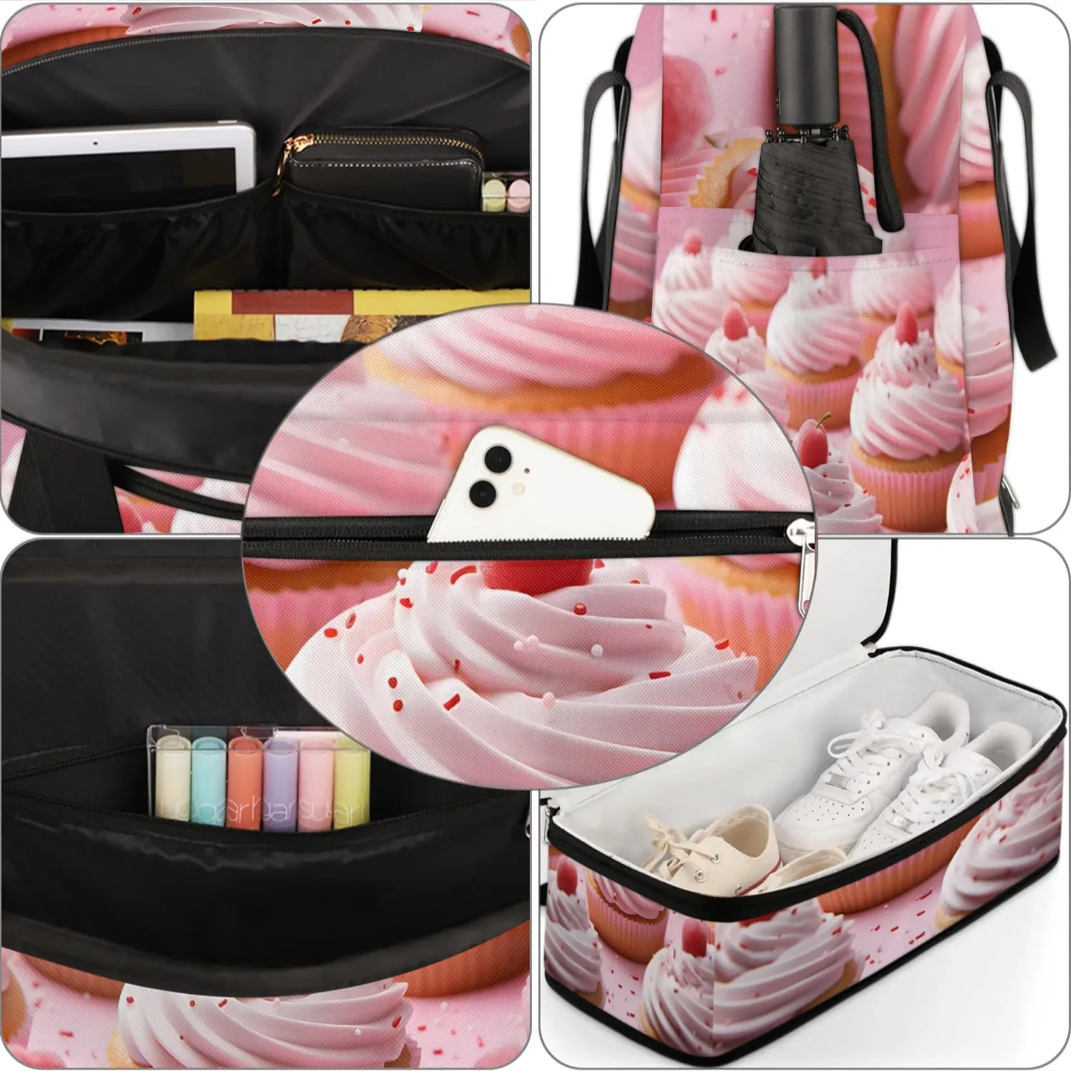 Sports Duffel Bag, Foldable Sweet Cake Travel Duffel Bag, Gym Yoga Beach Bag Weekender Overnight Bag with Shoes Compartment for Men Women, Cupcakes