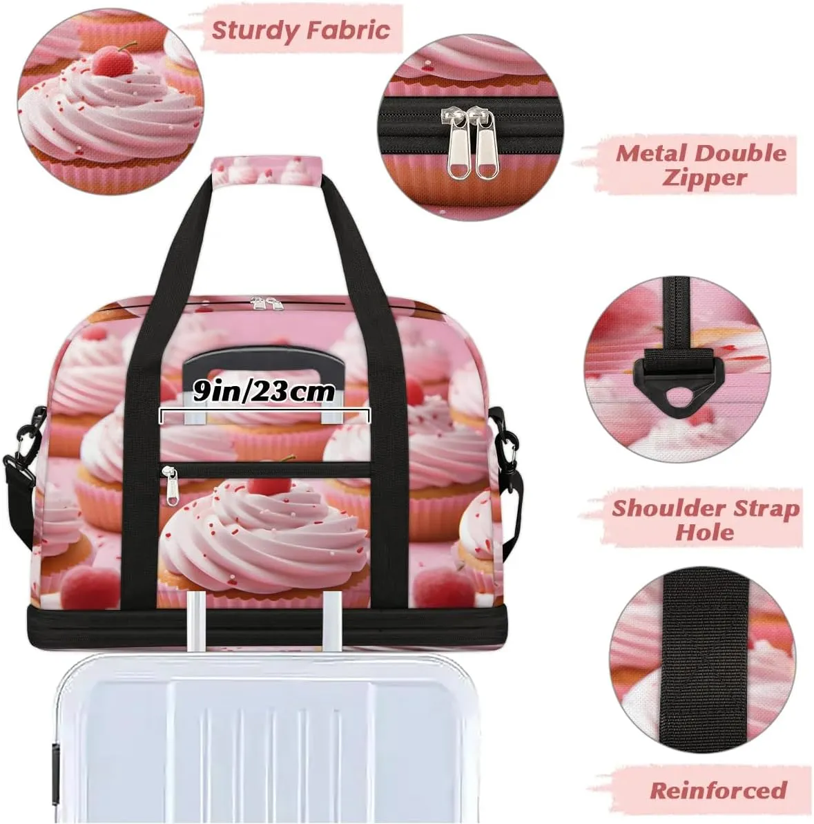 Sports Duffel Bag, Foldable Sweet Cake Travel Duffel Bag, Gym Yoga Beach Bag Weekender Overnight Bag with Shoes Compartment for Men Women, Cupcakes