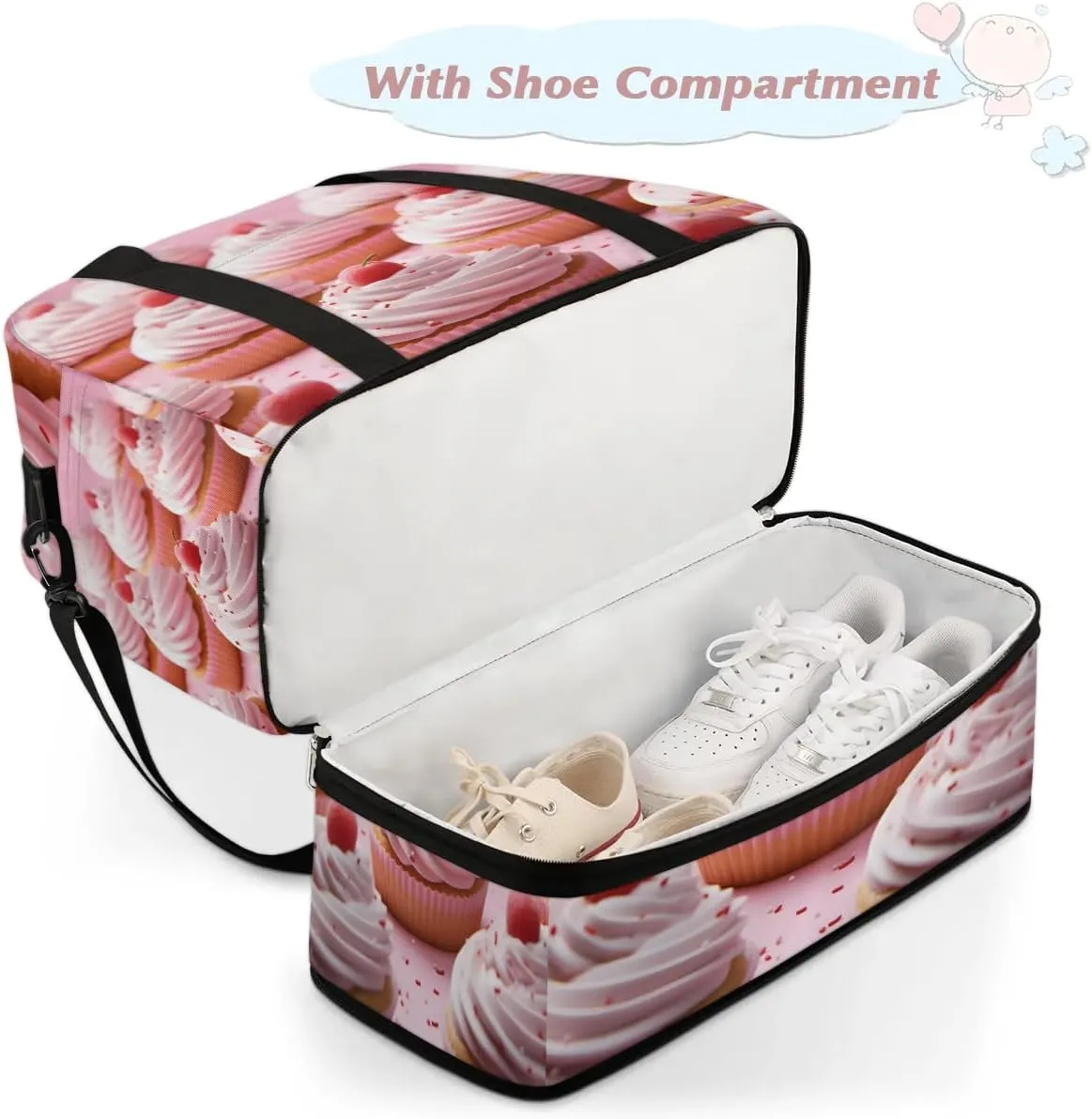 Sports Duffel Bag, Foldable Sweet Cake Travel Duffel Bag, Gym Yoga Beach Bag Weekender Overnight Bag with Shoes Compartment for Men Women, Cupcakes