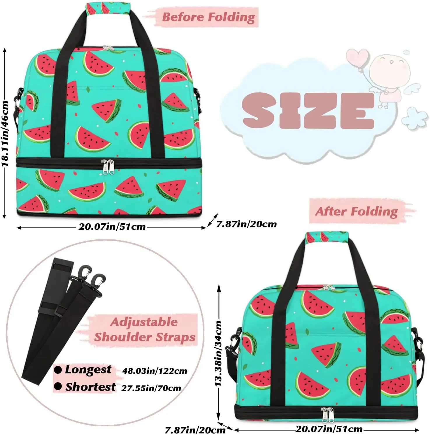 Sports Duffel Bag, Foldable Watermelon Travel Duffel Bag, Gym Yoga Beach Bag Weekender Overnight Bag with Shoes Compartment for Men Women, Watercolor Summer Fruit Watermelon
