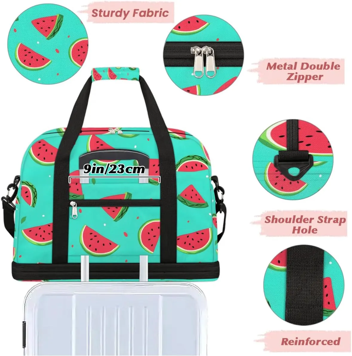 Sports Duffel Bag, Foldable Watermelon Travel Duffel Bag, Gym Yoga Beach Bag Weekender Overnight Bag with Shoes Compartment for Men Women, Watercolor Summer Fruit Watermelon