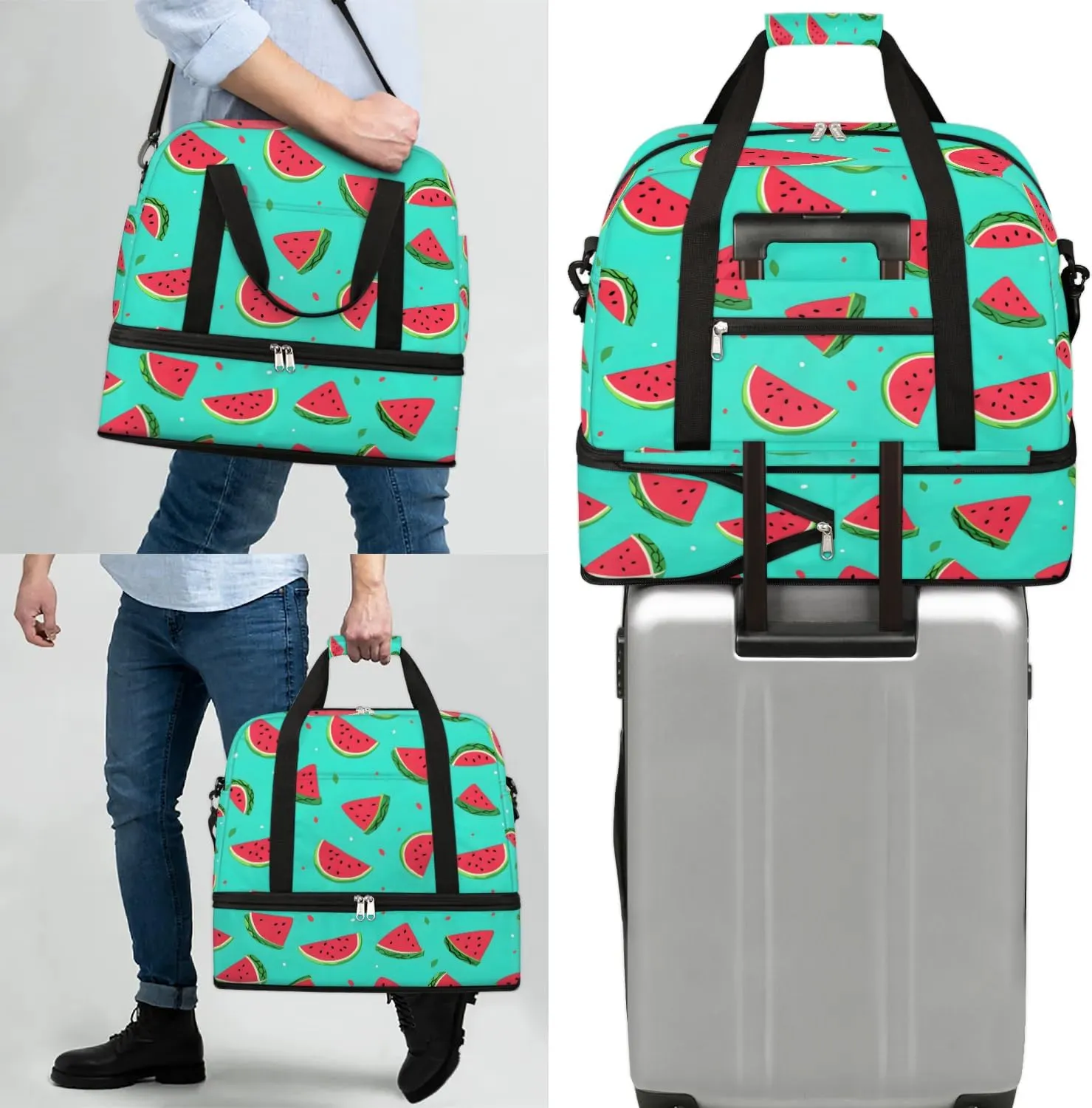 Sports Duffel Bag, Foldable Watermelon Travel Duffel Bag, Gym Yoga Beach Bag Weekender Overnight Bag with Shoes Compartment for Men Women, Watercolor Summer Fruit Watermelon