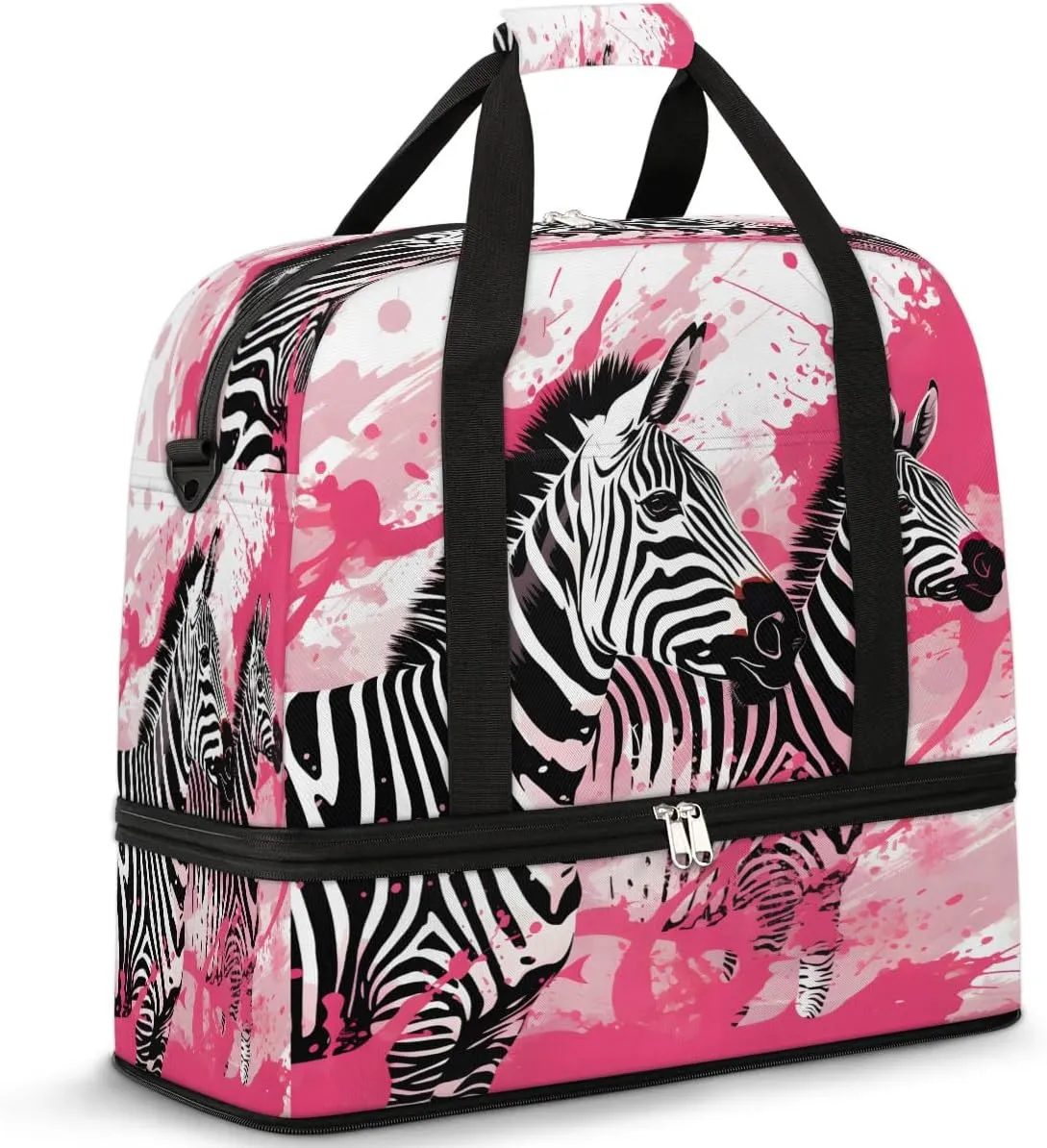 Sports Duffel Bag, Foldable Zebra Travel Duffel Bags, Gym Yoga Beach Bag Weekender Overnight Bag with Shoes Compartment for Men, Zebra Print