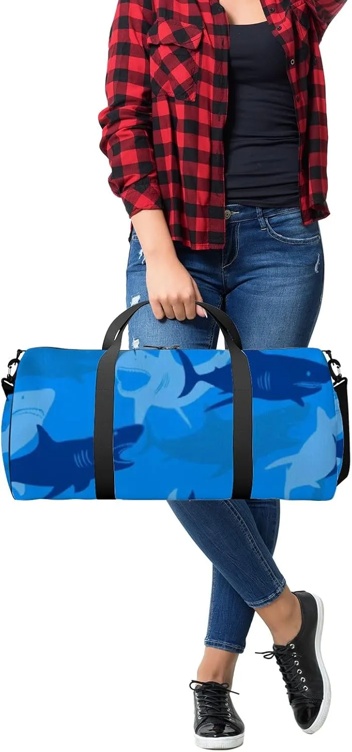 Sports Gym Bag for Women and Men Waterproof Abstract Shark Blue Duffel Bag Lightweight Carryon Traveling Boarding Gripsack
