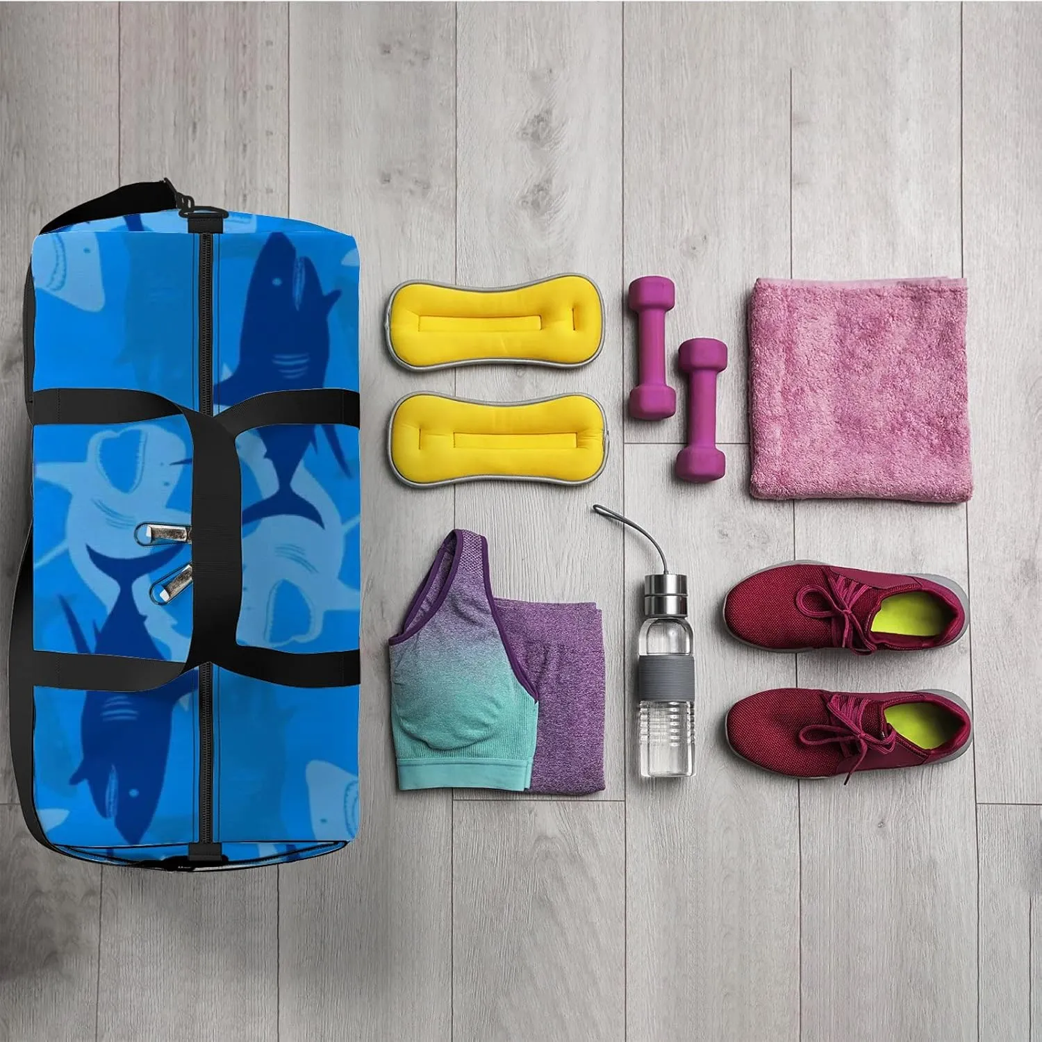 Sports Gym Bag for Women and Men Waterproof Abstract Shark Blue Duffel Bag Lightweight Carryon Traveling Boarding Gripsack
