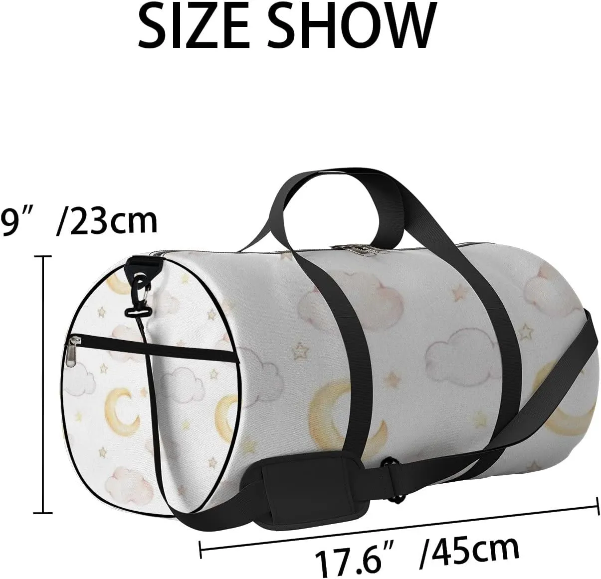 Sports Gym Bag for Women and Men Waterproof Cartoon Moon Clouds Stars Watercolor White Duffel Bag Lightweight Carryon Traveling Boarding Gripsack
