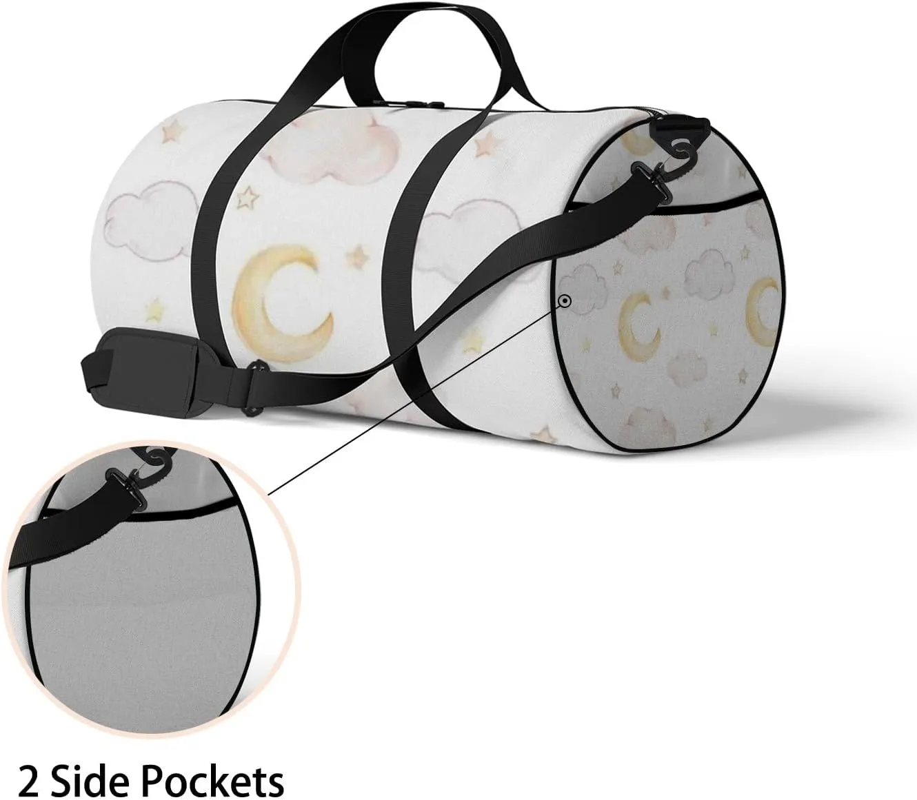 Sports Gym Bag for Women and Men Waterproof Cartoon Moon Clouds Stars Watercolor White Duffel Bag Lightweight Carryon Traveling Boarding Gripsack