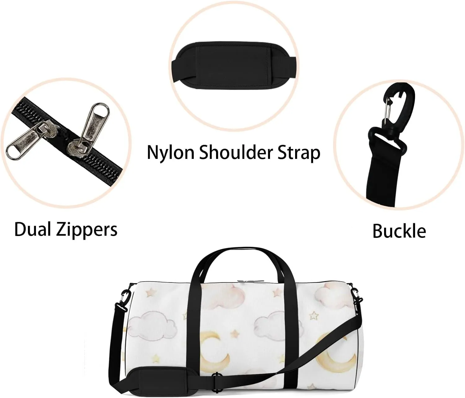 Sports Gym Bag for Women and Men Waterproof Cartoon Moon Clouds Stars Watercolor White Duffel Bag Lightweight Carryon Traveling Boarding Gripsack