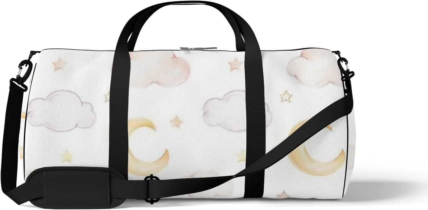 Sports Gym Bag for Women and Men Waterproof Cartoon Moon Clouds Stars Watercolor White Duffel Bag Lightweight Carryon Traveling Boarding Gripsack