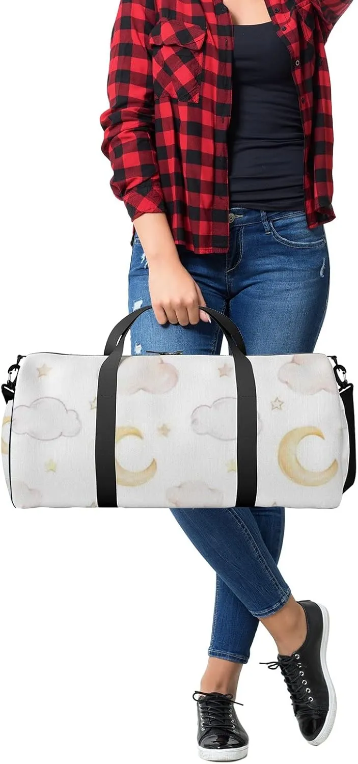 Sports Gym Bag for Women and Men Waterproof Cartoon Moon Clouds Stars Watercolor White Duffel Bag Lightweight Carryon Traveling Boarding Gripsack