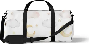 Sports Gym Bag for Women and Men Waterproof Cartoon Moon Clouds Stars Watercolor White Duffel Bag Lightweight Carryon Traveling Boarding Gripsack