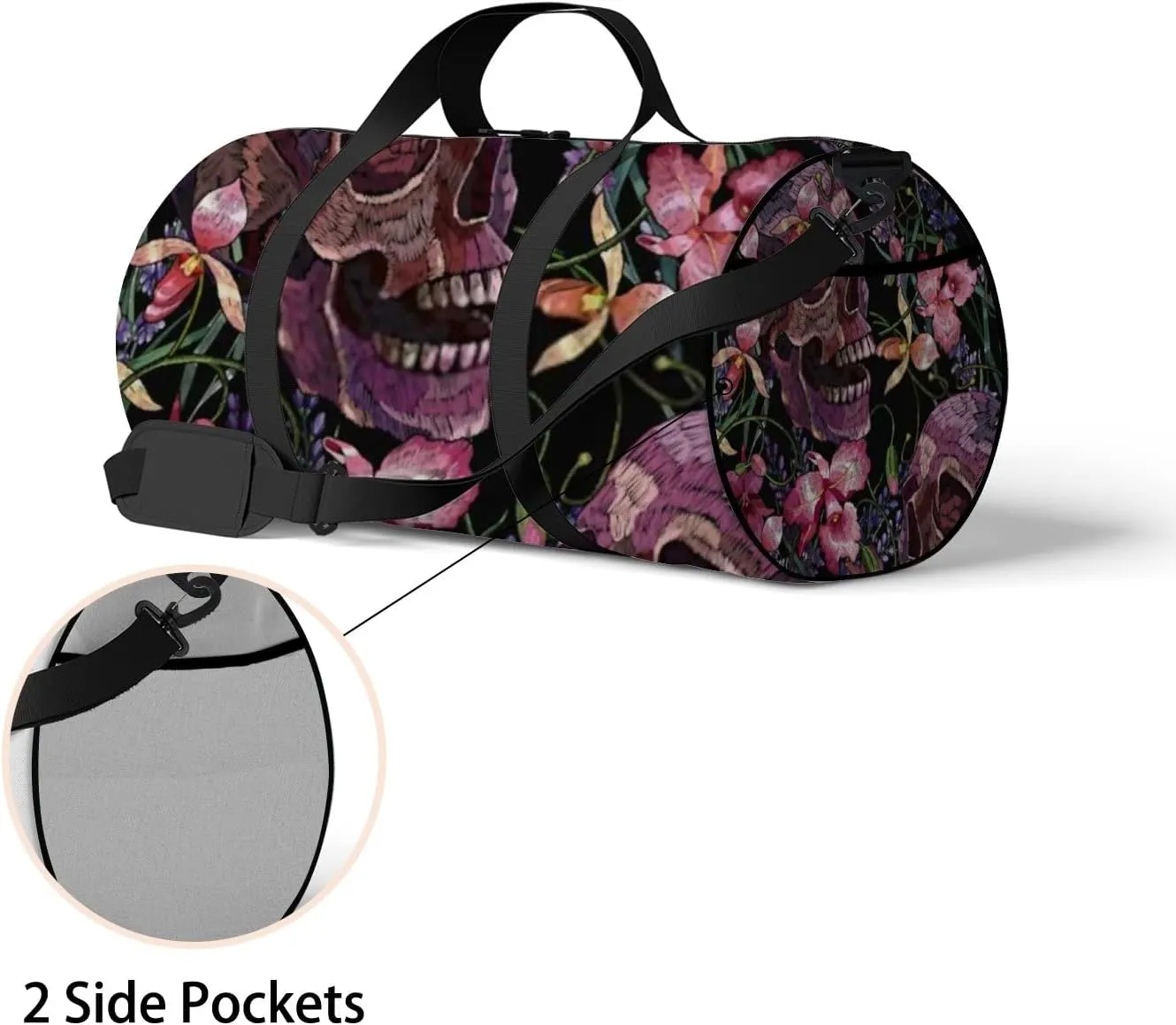Sports Gym Bag for Women and Men Waterproof Embroidery Skull Pink Medieval Style Duffel Bag Lightweight Carryon Traveling Boarding Gripsack