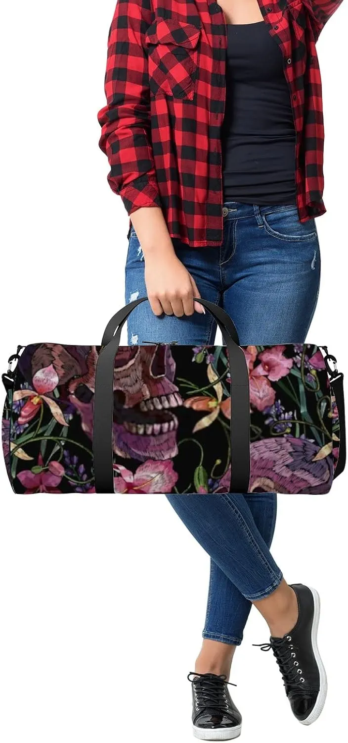 Sports Gym Bag for Women and Men Waterproof Embroidery Skull Pink Medieval Style Duffel Bag Lightweight Carryon Traveling Boarding Gripsack