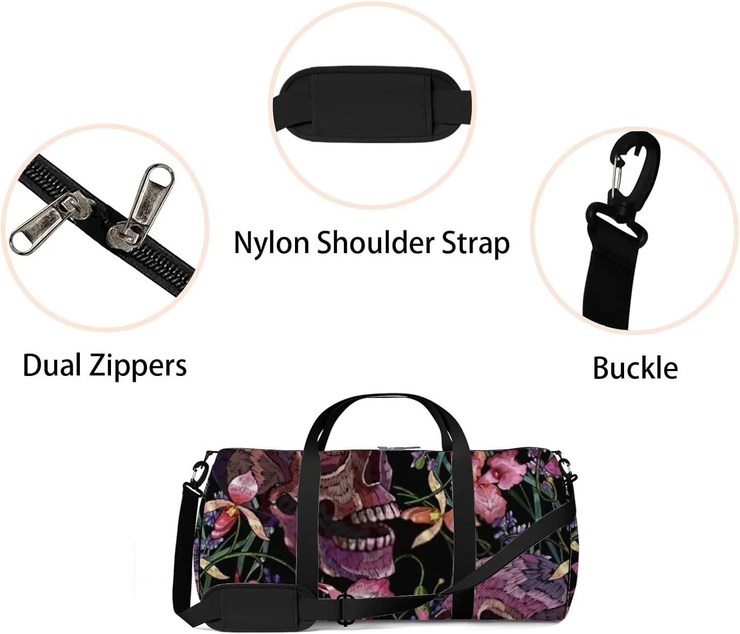 Sports Gym Bag for Women and Men Waterproof Embroidery Skull Pink Medieval Style Duffel Bag Lightweight Carryon Traveling Boarding Gripsack