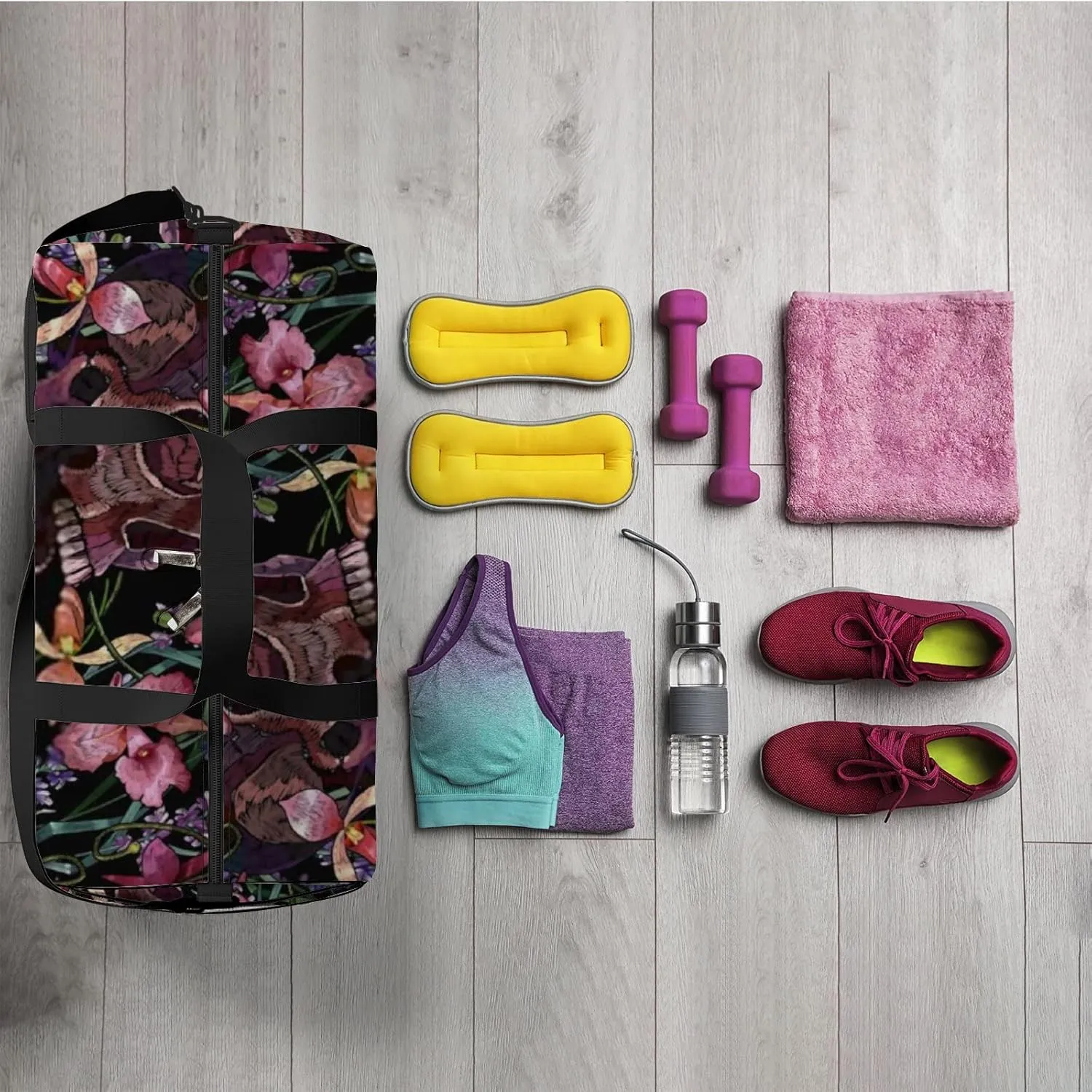 Sports Gym Bag for Women and Men Waterproof Embroidery Skull Pink Medieval Style Duffel Bag Lightweight Carryon Traveling Boarding Gripsack