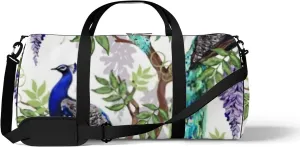 Sports Gym Bag for Women and Men Waterproof Floral Summer Pattern Peacocks Green Duffel Bag Lightweight Carryon Traveling Boarding Gripsack