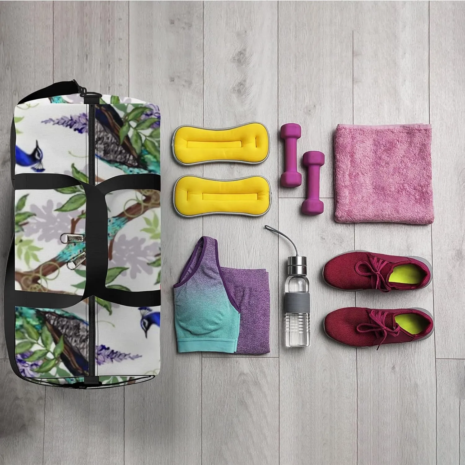 Sports Gym Bag for Women and Men Waterproof Floral Summer Pattern Peacocks Green Duffel Bag Lightweight Carryon Traveling Boarding Gripsack