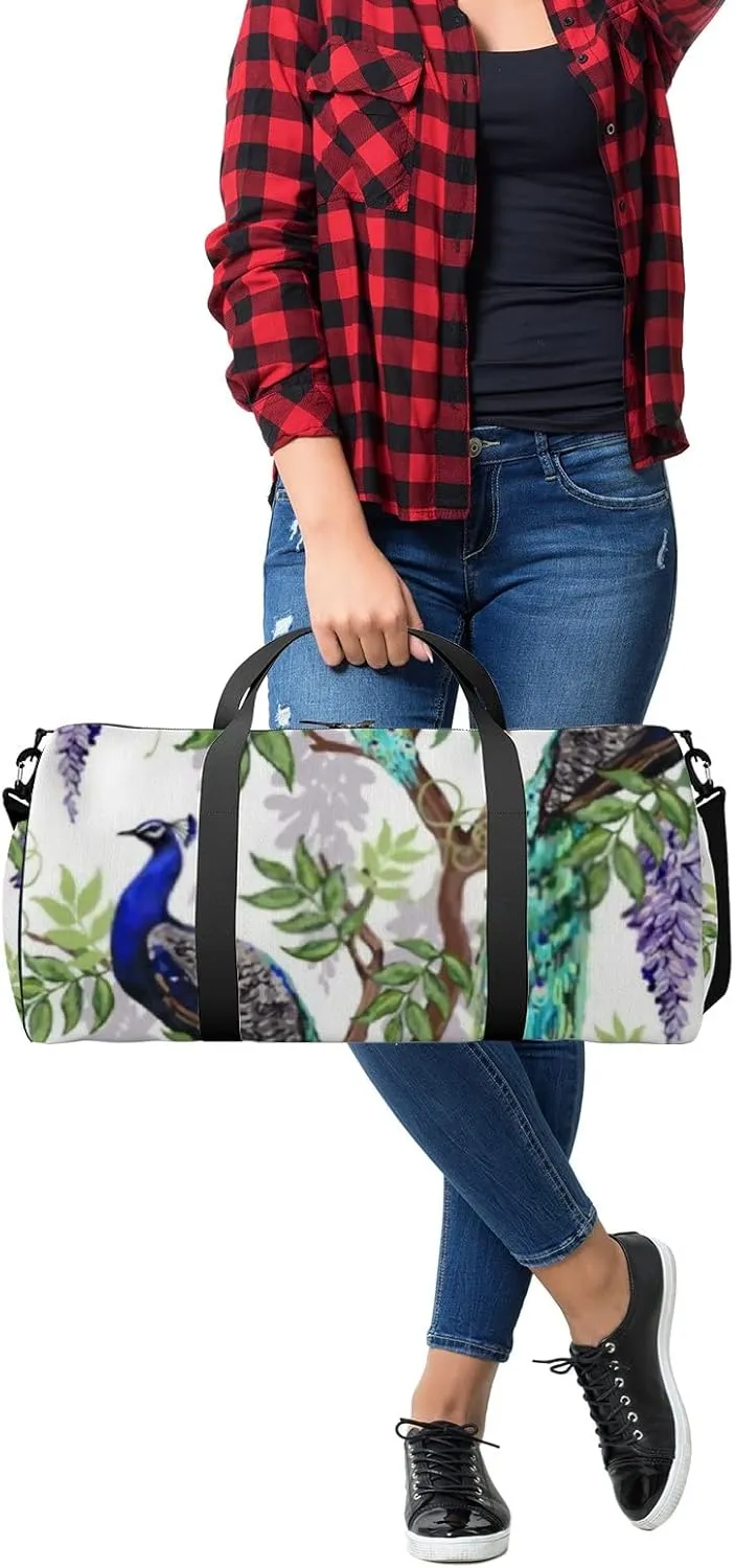 Sports Gym Bag for Women and Men Waterproof Floral Summer Pattern Peacocks Green Duffel Bag Lightweight Carryon Traveling Boarding Gripsack