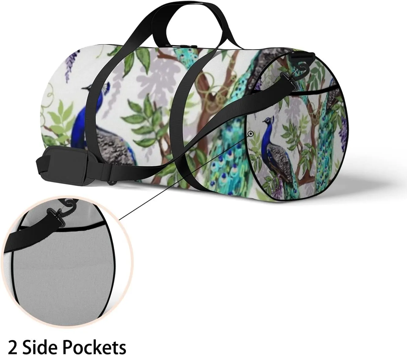Sports Gym Bag for Women and Men Waterproof Floral Summer Pattern Peacocks Green Duffel Bag Lightweight Carryon Traveling Boarding Gripsack