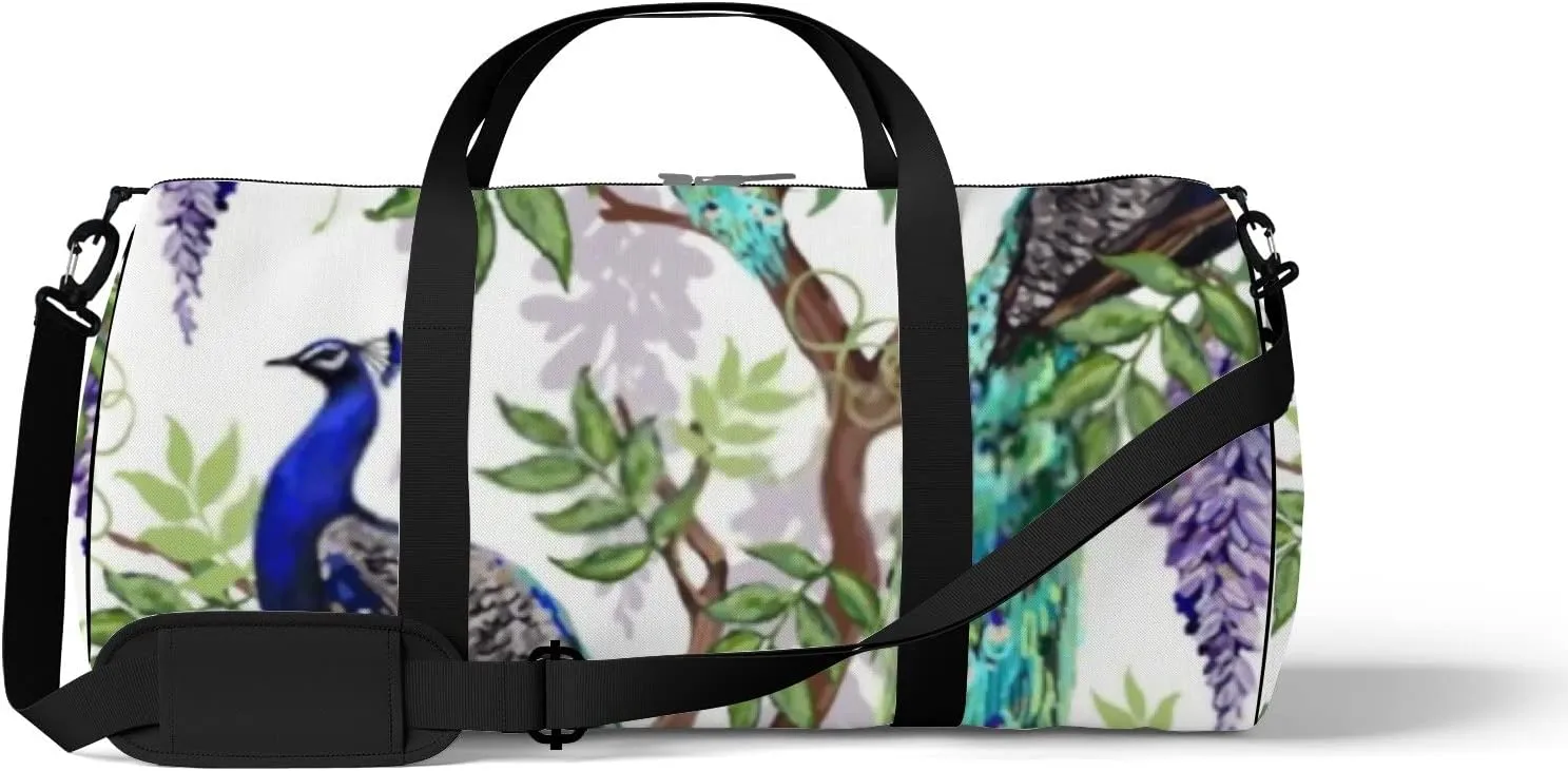 Sports Gym Bag for Women and Men Waterproof Floral Summer Pattern Peacocks Green Duffel Bag Lightweight Carryon Traveling Boarding Gripsack