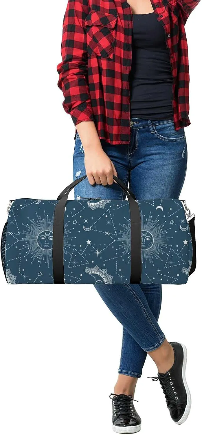 Sports Gym Bag for Women and Men Waterproof Pattern Sun Moon Stars Duffel Bag Lightweight Carryon Traveling Boarding Gripsack
